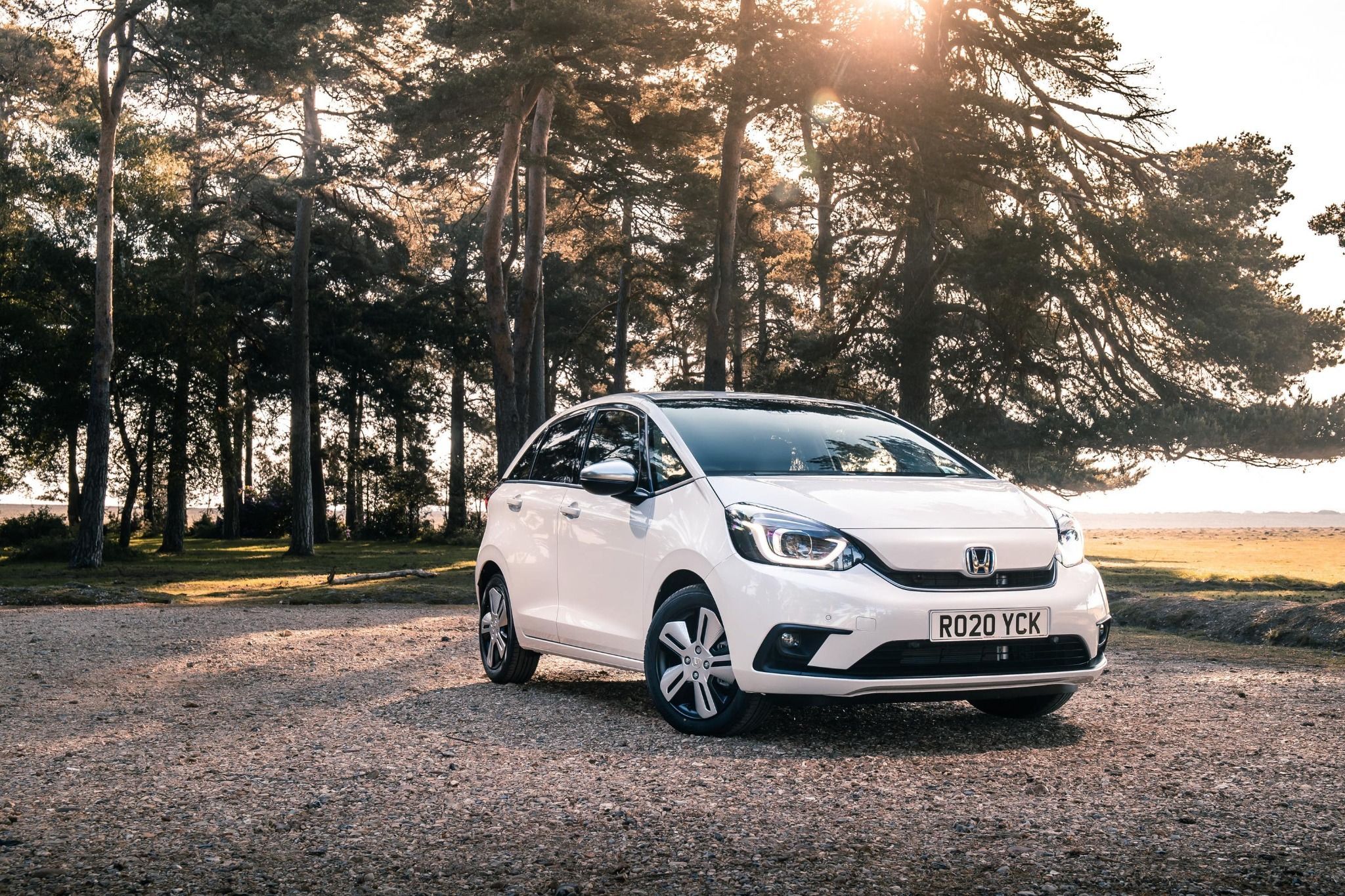 White Honda Jazz exterior parked in a forest